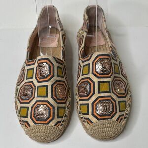 Tory Burch Multicolor Geometric Print Rose Gold Sequined Espadrilles Size 6.5